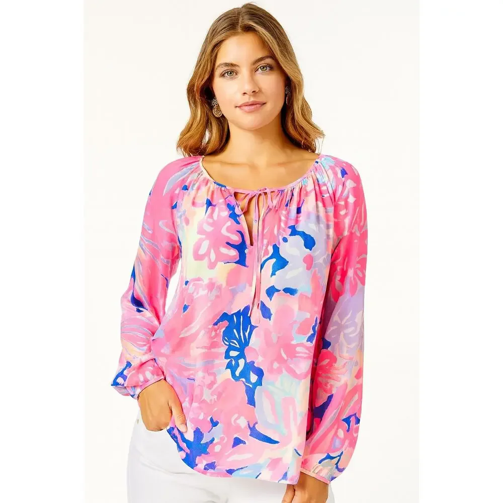 LILLY PULITZER Willa Peasant Blouse Hermosa Print Rayon New $128